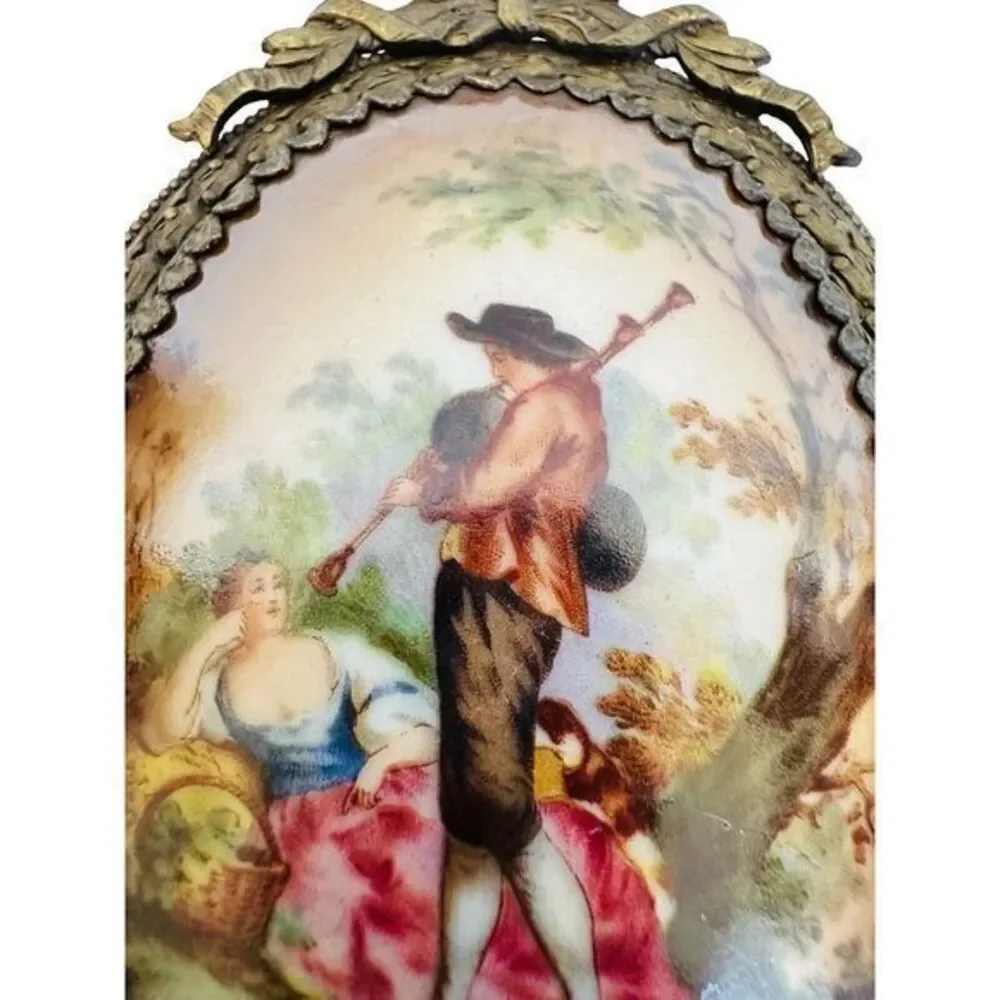 Vintage Porcelain Miniature Oval‎ Plaque Couple & Landscape Wall Art See Photos
